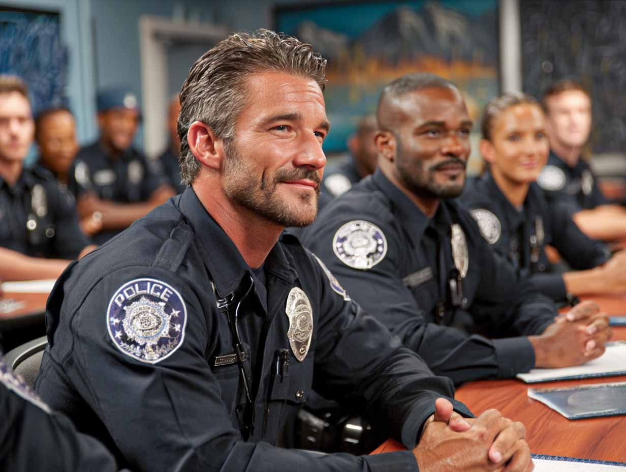 A group of police officers in a training classroom
