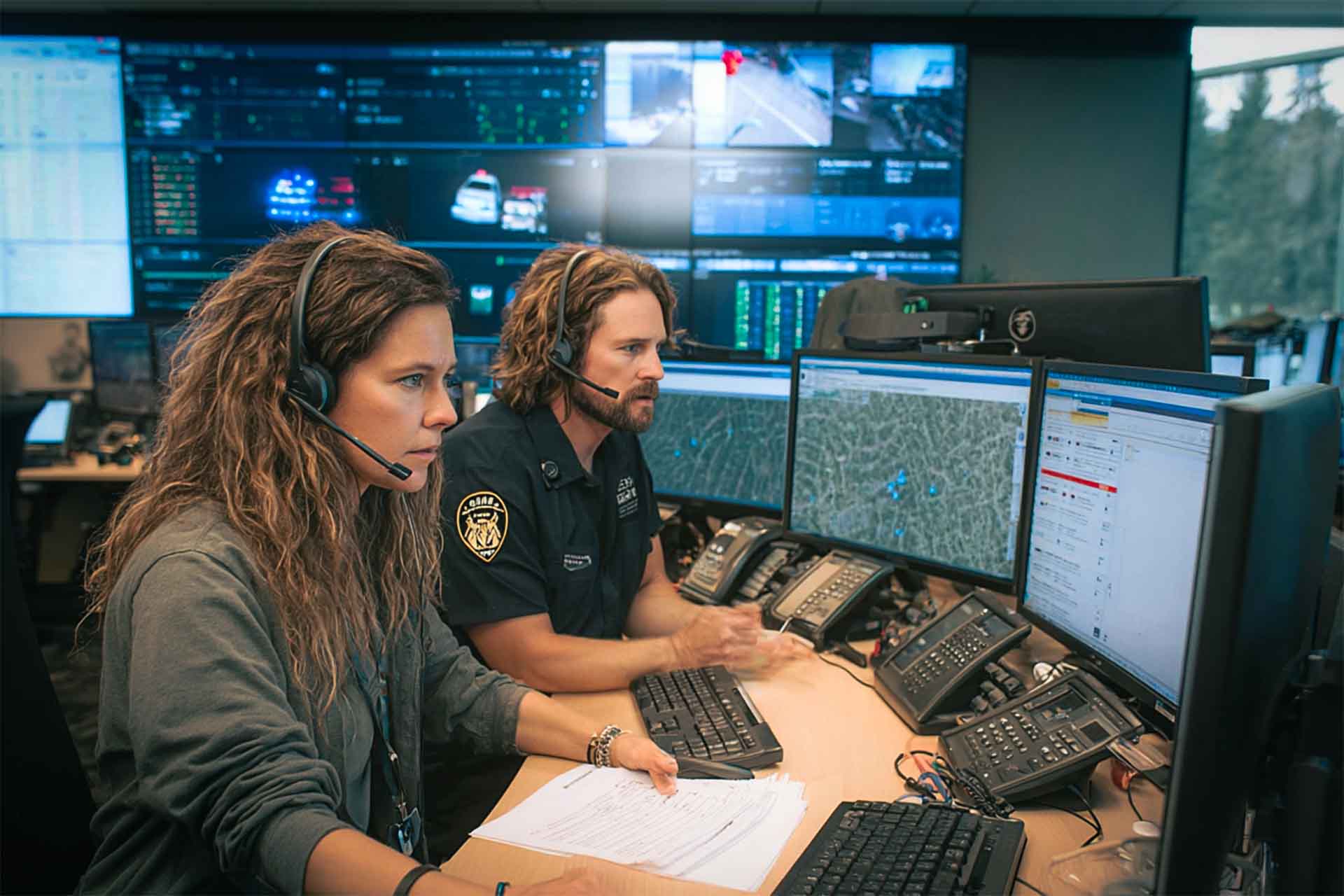 Two emergency communications personnel with headsets and monitor screens