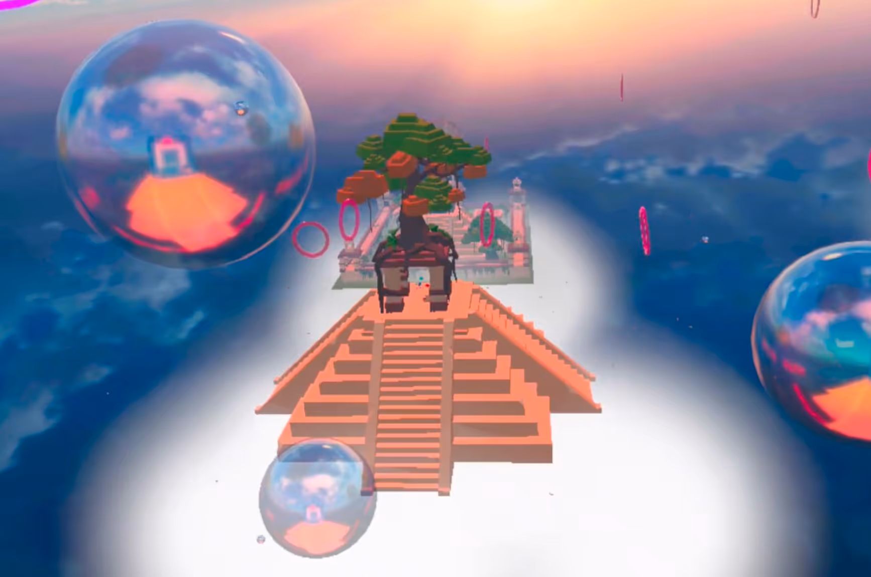 vliegend in de virtuele lucht, met zwevende bellen en architecturale structuren rondom