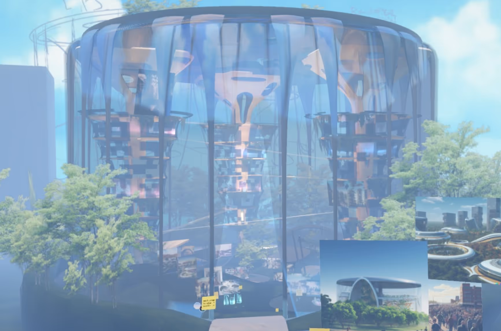 een blauw en doorzichtig virtueel bibliotheekgebouw