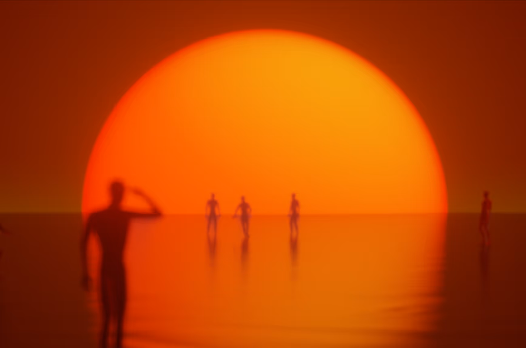 menselijke vormen staan voor de donkeroranje opkomende zon in een virtuele omgeving