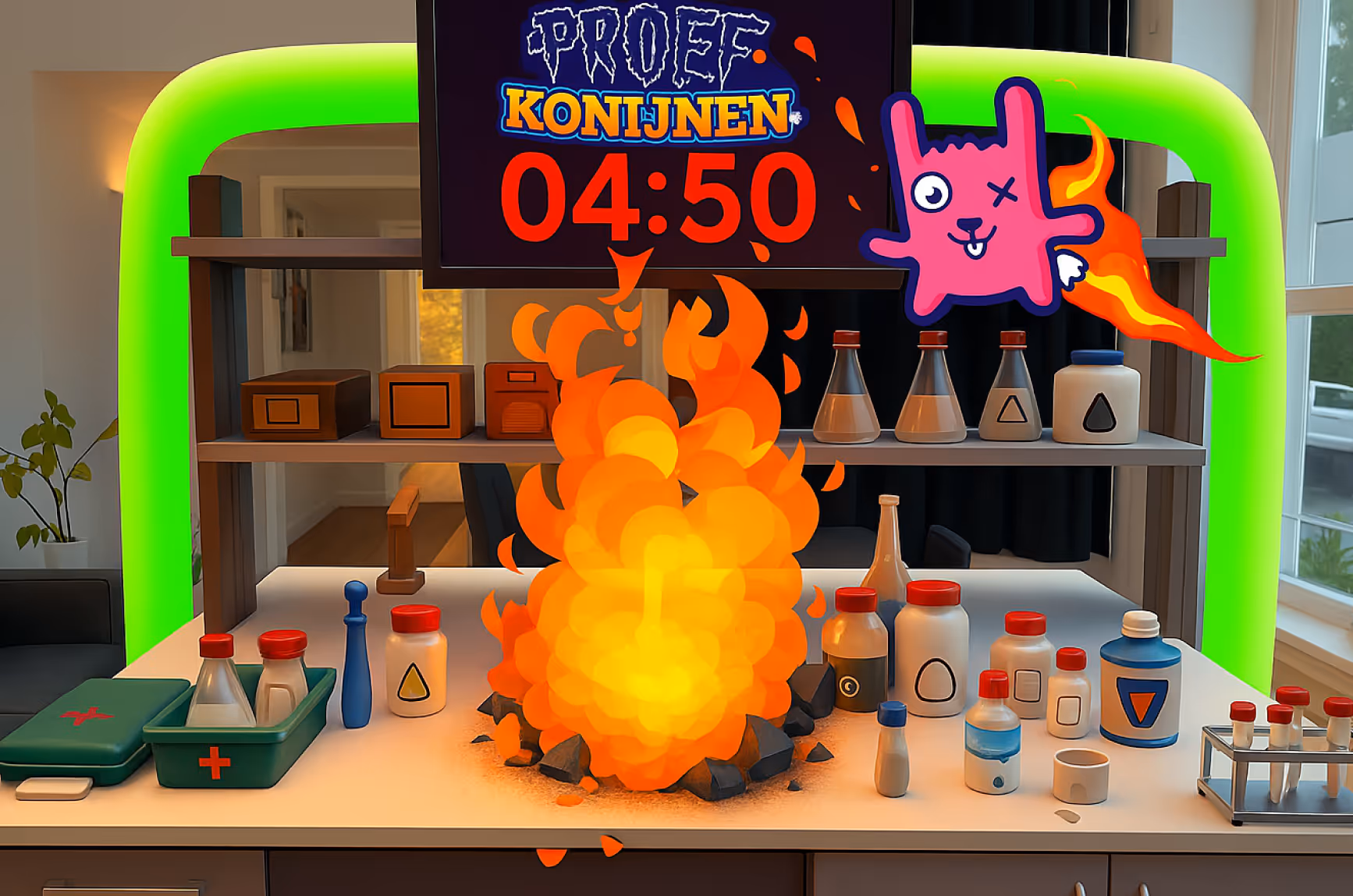 View from inside the XR Proefkonijnen lab where players test how fire reacts to different materials