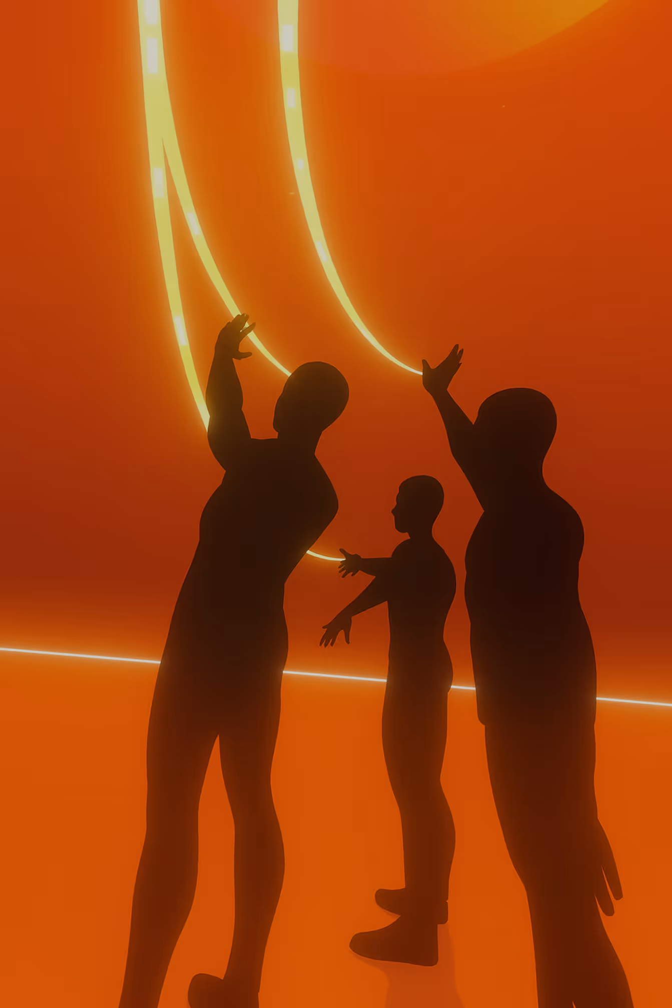 Multiple avatars in orange-lit virtual space reaching and interacting with glowing light streams, showcasing natural interaction and shared VR experience in Silent Disco.