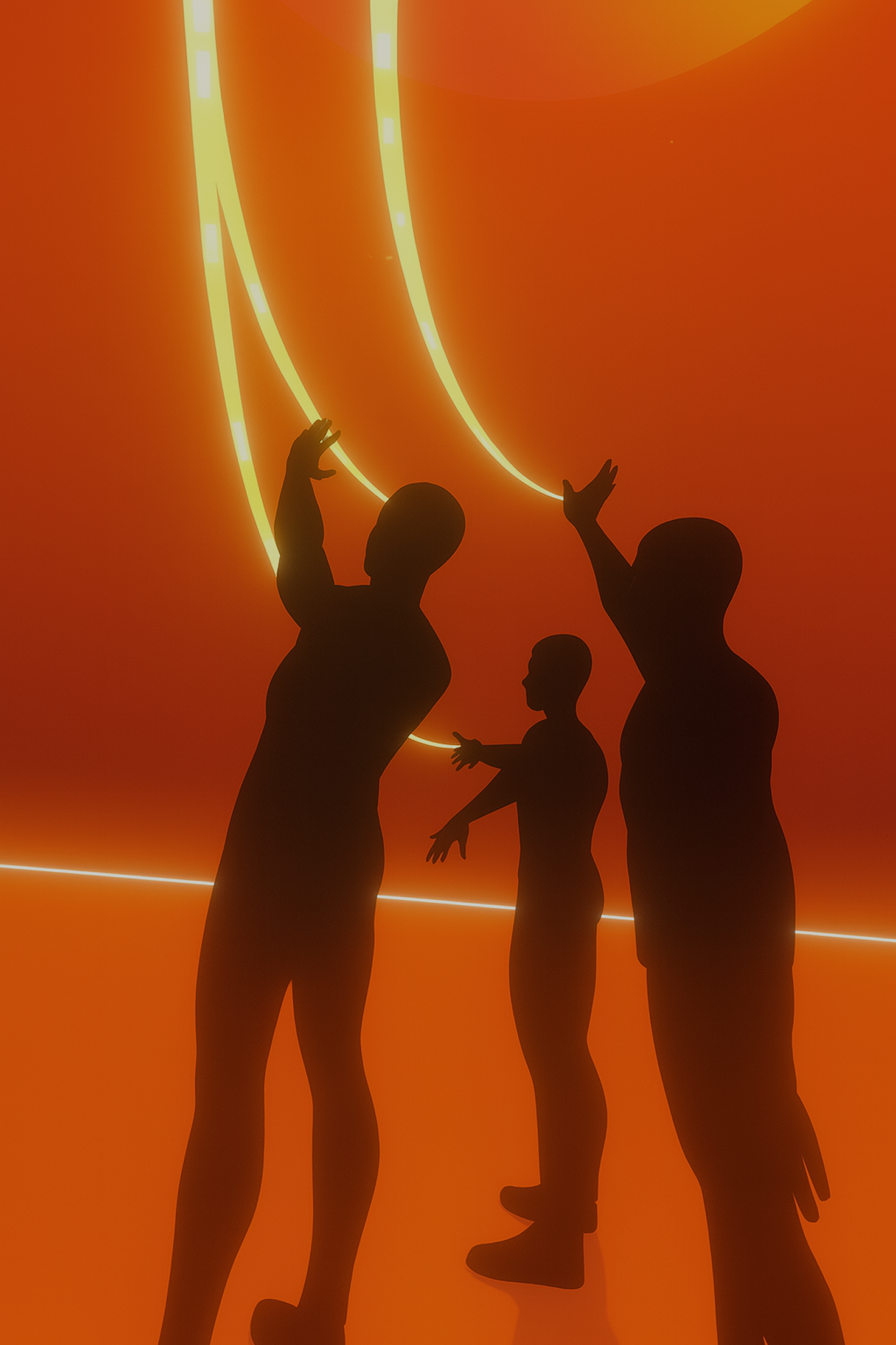 Multiple avatars in orange-lit virtual space reaching and interacting with glowing light streams, showcasing natural interaction and shared VR experience in Silent Disco.