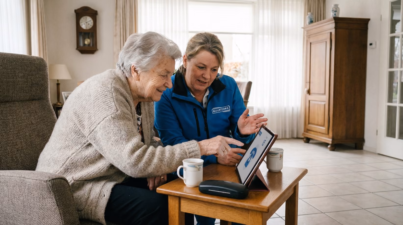 A Buurtzorg healthcare professional sets up Zuster Annie, an AI voice assistant, on a tablet at an elderly client's home in the Netherlands