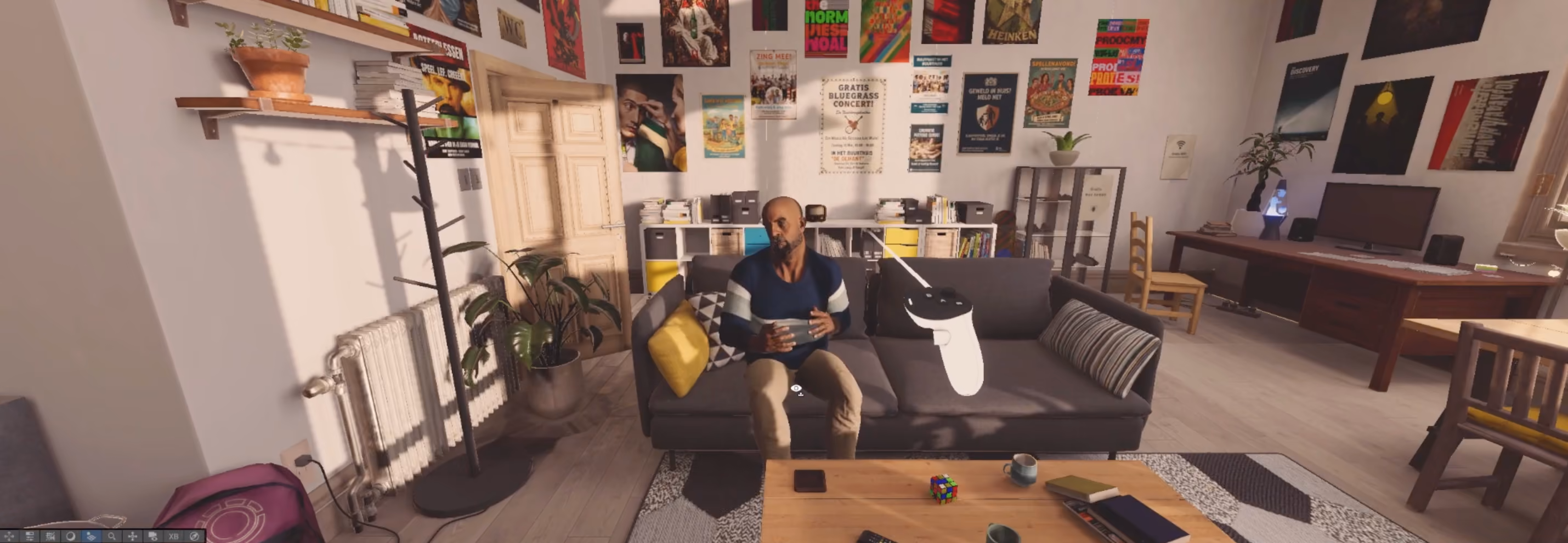 Ibrahim, an AI character in the Leef en Leer project by Studio Vrij and OBA, sitting in a virtual living room — used to train advisors supporting newcomers in the Netherlands