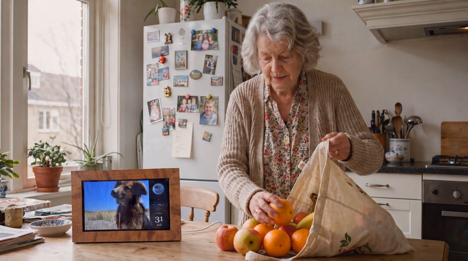 Zuster Annie toont persoonlijke foto's en de datum terwijl een oudere vrouw haar boodschappen uitpakt