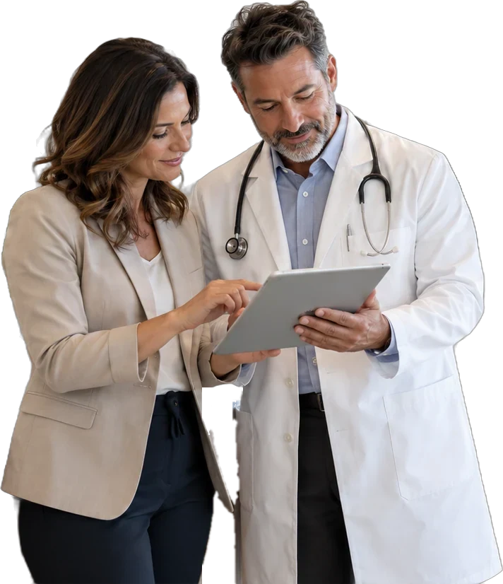 A practice manager and a physician reviewing a tablet together