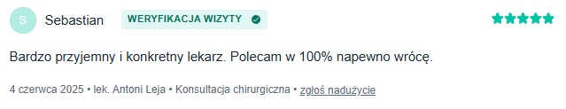Zweryfikowana opinia pacjenta: Bardzo przyjemny i konkretny lekarz. Polecam w 100% na pewno wrócę.