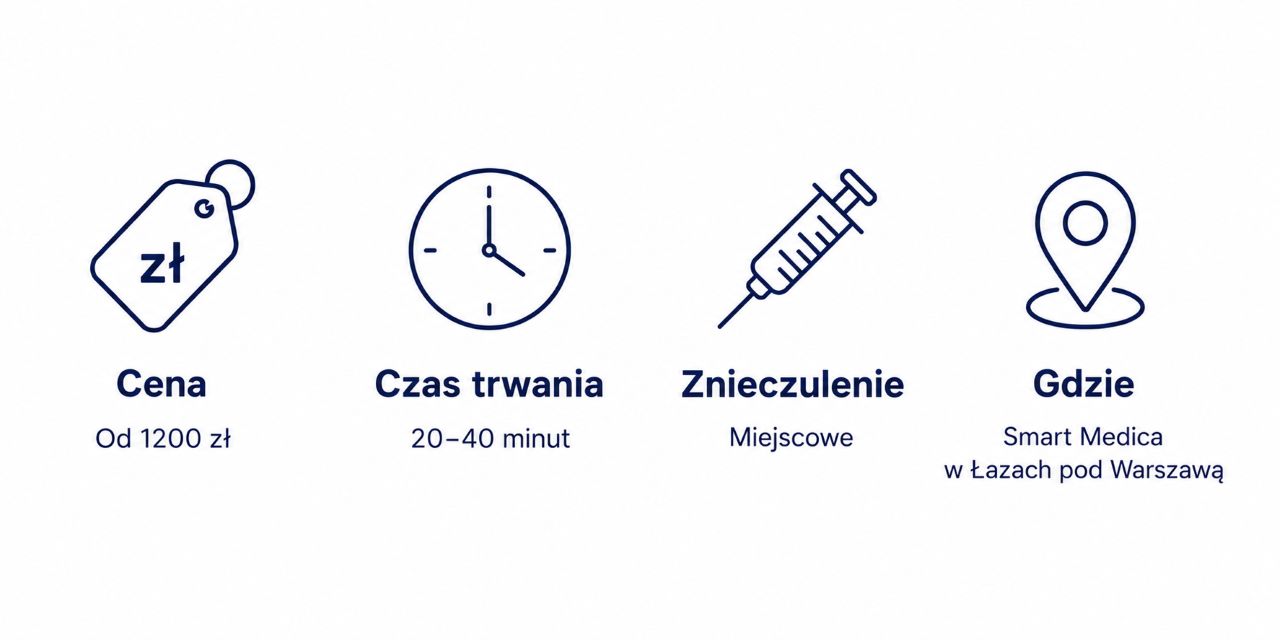 Infografika podsumowująca informacje o cenie, czasie trwania, znieczuleniu i miejscu zabiegu