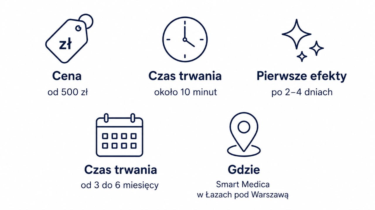 Infografika podsumowująca informacje o cenie, czasie trwania, pierwszych efektach, czasie trwania i lokalizacji zabiegu
