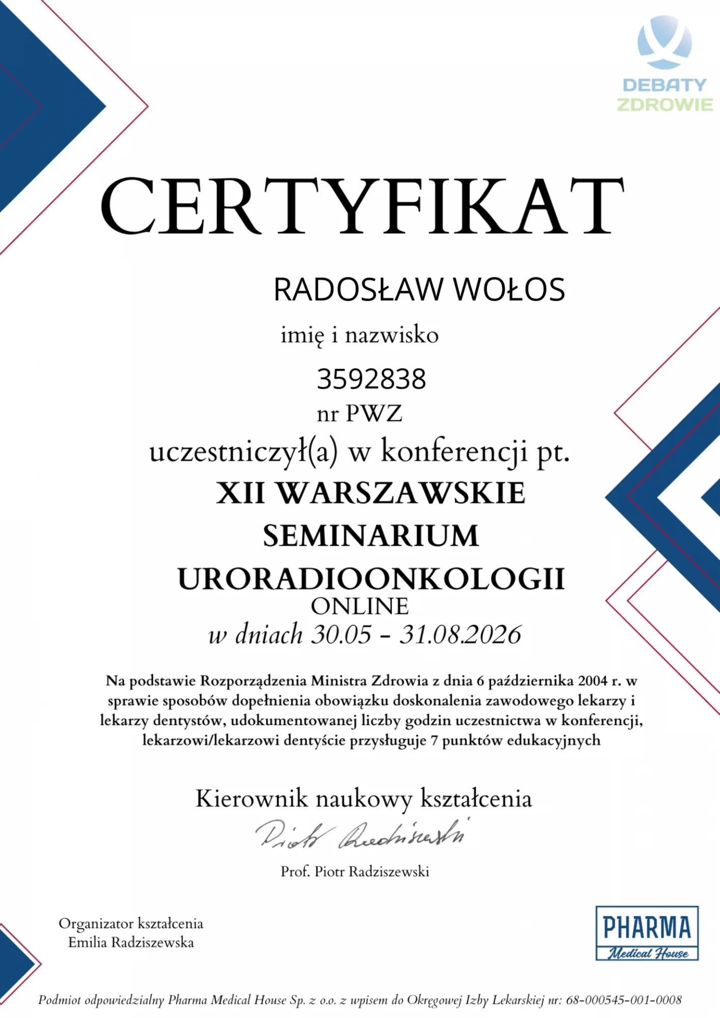 XII Warszawskie Seminarium Uroradioonkologii, online, 30.05-31.08.2026.