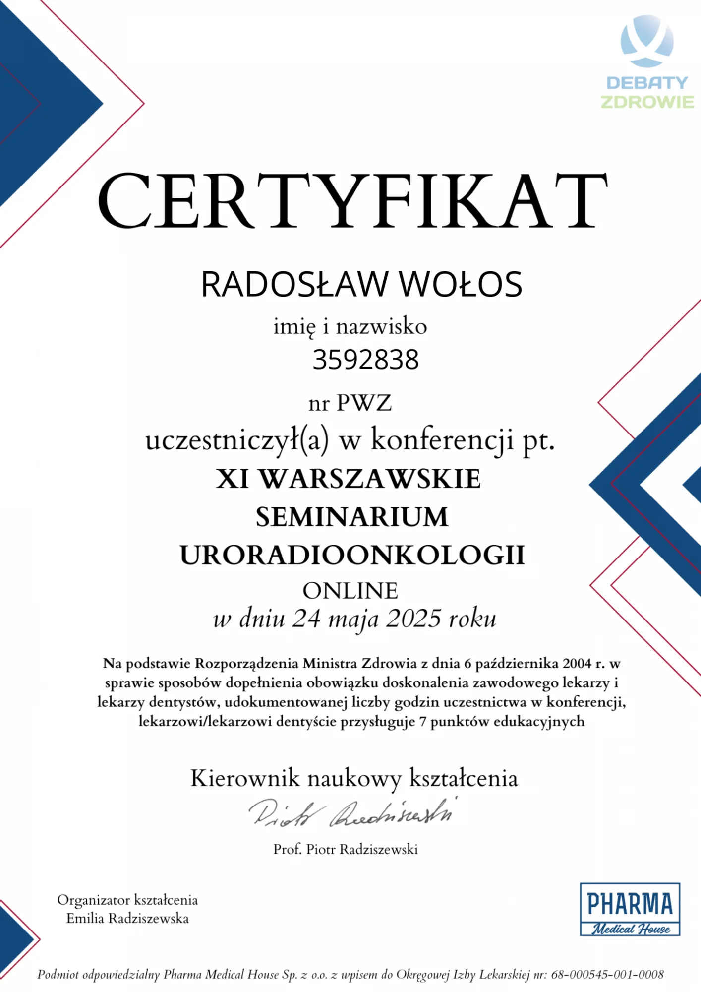 XI Warszawskie Seminarium Uroradioonkologii, online, 24 maja 2025.