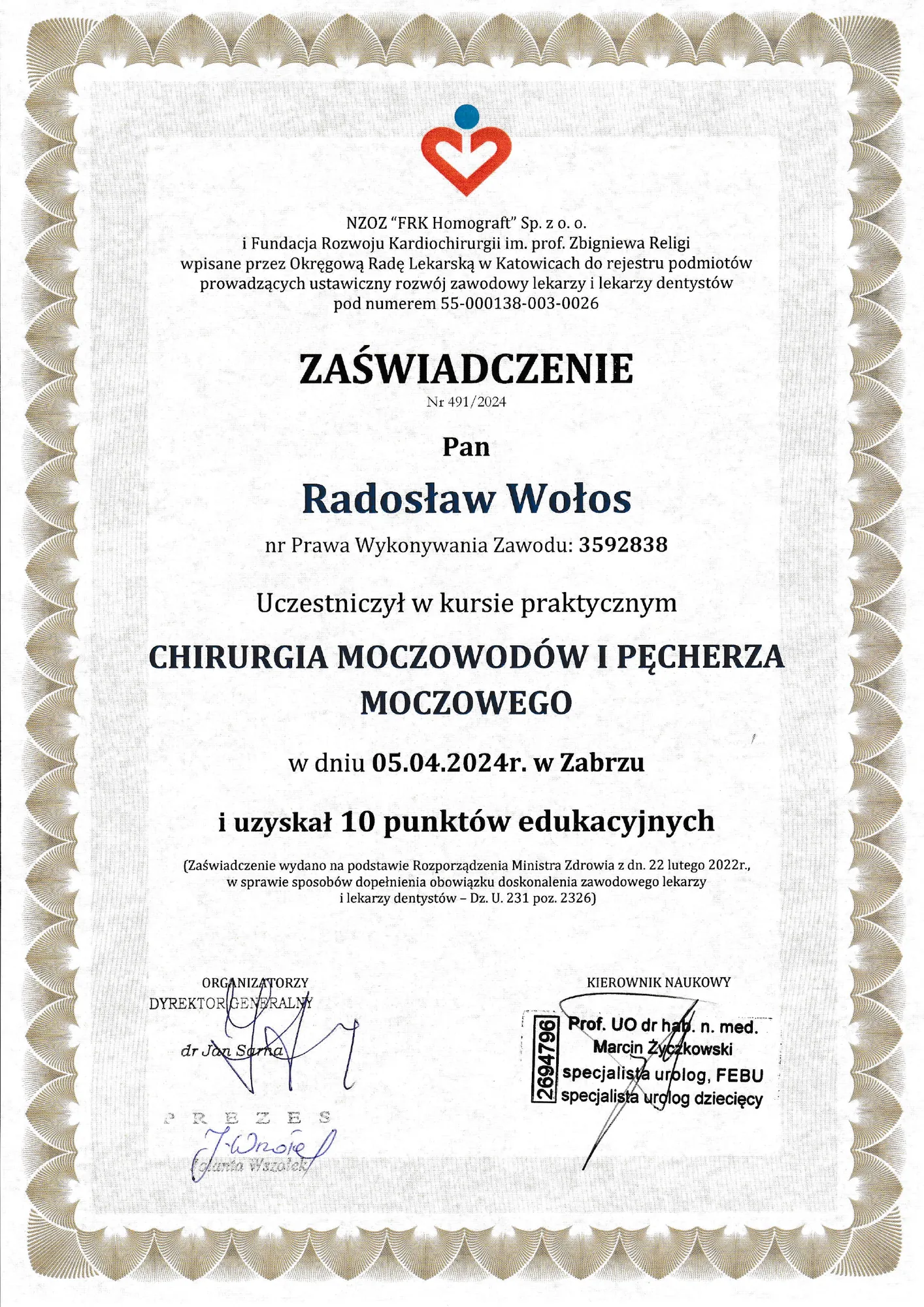 Kurs praktyczny „Chirurgia moczowodów i pęcherza moczowego”, Zabrze, 05.04.2024.