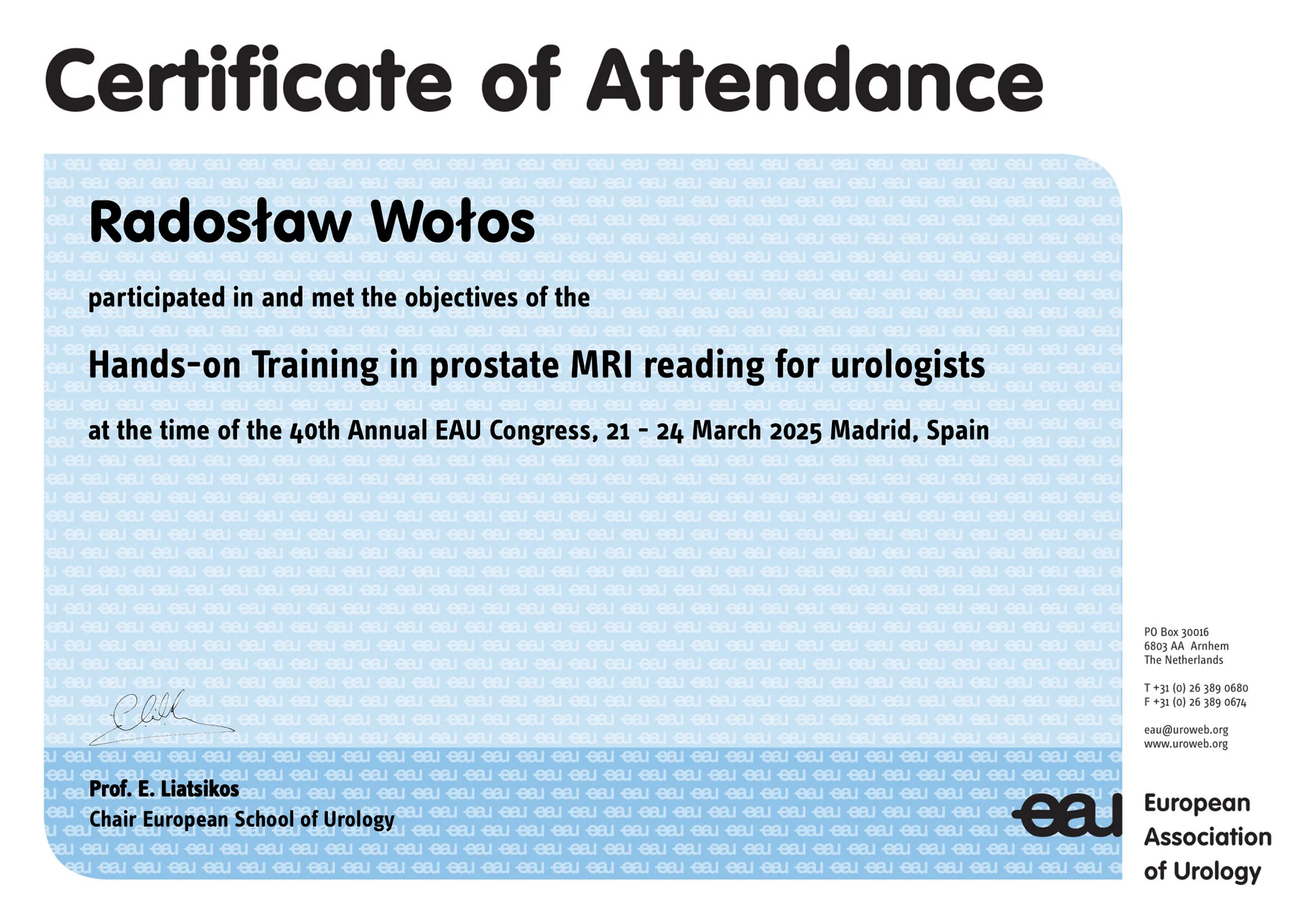 Warsztat ESU „Hands-on Training in prostate MRI reading for urologists” podczas EAU 2025 w Madrycie.