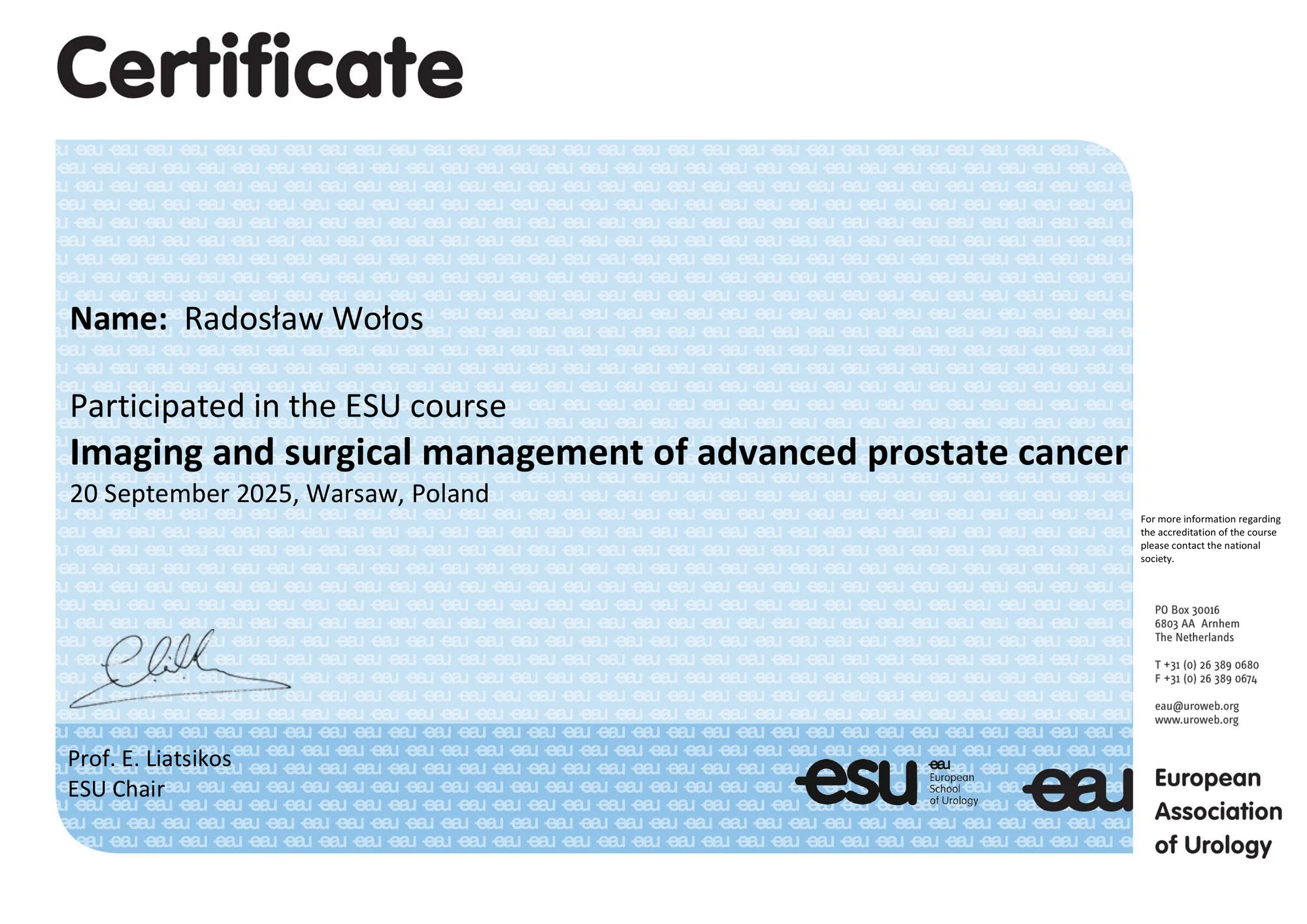 Kurs ESU „Imaging and surgical management of advanced prostate cancer”, Warszawa, 20 września 2025.