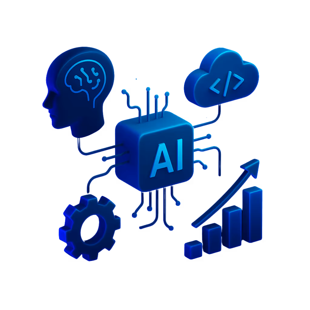 Isometrische Illustration in Neonblau: Ein zentraler AI-Würfel ist verbunden mit einem Kopf mit neuronalen Bahnen, einer Cloud mit Code-Symbol, einem Zahnrad und einem steigenden Balkendiagramm. Die Szene steht für künstliche Intelligenz, Cloud-Integration und datengetriebene Innovation.