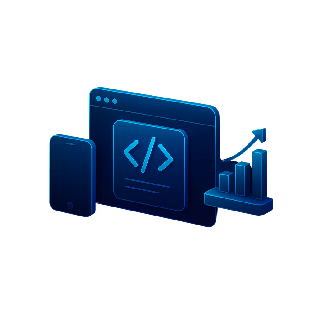 Icons von Smartphone, Browserfenster mit Code und Wachstumsdiagramm symbolisieren Webentwicklung.