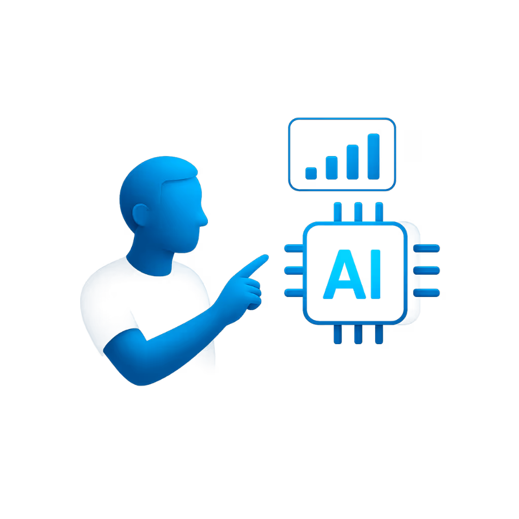 Person zeigt auf KI-Chip mit Balkendiagramm, steht für Datenanalyse und künstliche Intelligenz.