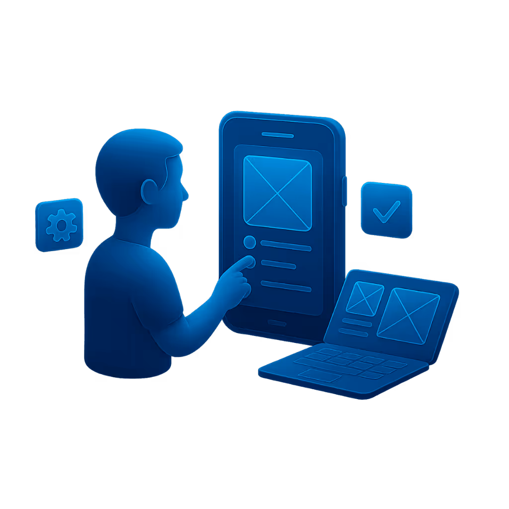 Person zeigt auf großes Smartphone-Interface mit UI-Elementen, daneben Laptop und Häkchen.