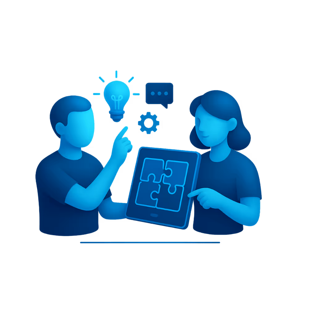 Zwei Personen diskutieren über Tablet mit Glühbirne und Puzzle-Icon, steht für Co-Creation.