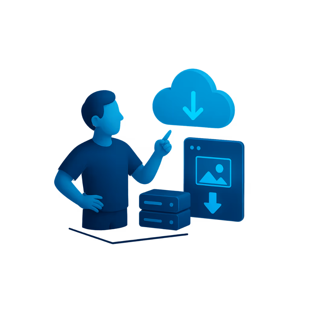 Person zeigt auf Cloud-Icon über Servern, steht für Cloud Services und Infrastrukturmodernisierung.