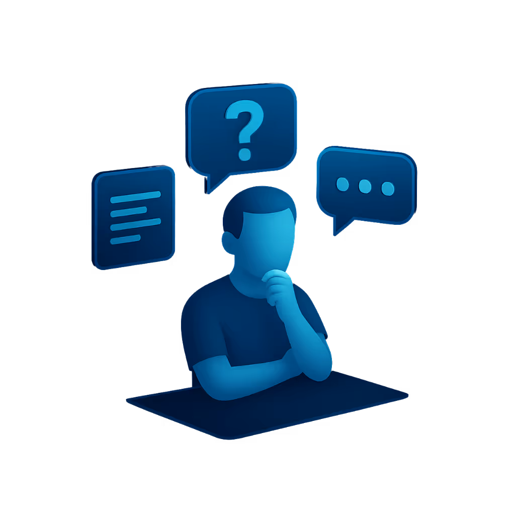 Nachdenkliche Person mit Fragezeichen, Text- und Chat-Icons, steht für Analyse und Klärung.