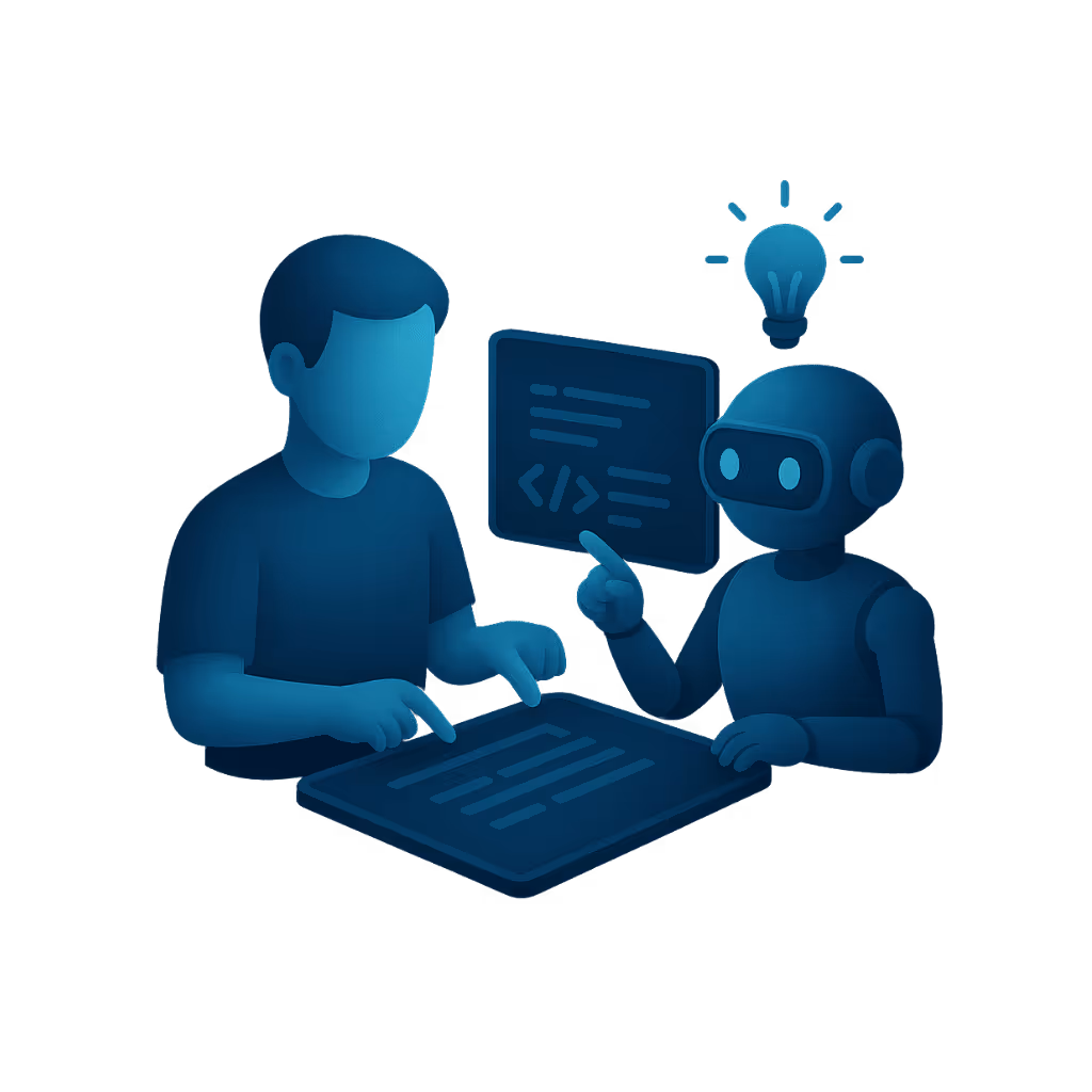Mensch und Roboter entwickeln zusammen Code, Glühbirne zeigt neue Ideen.