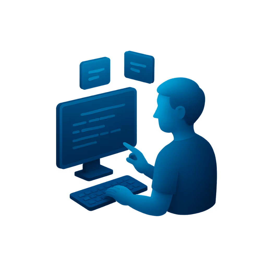 Person zeigt auf Bildschirm mit Code und Chatfenstern, steht für Softwareentwicklung und Integration.