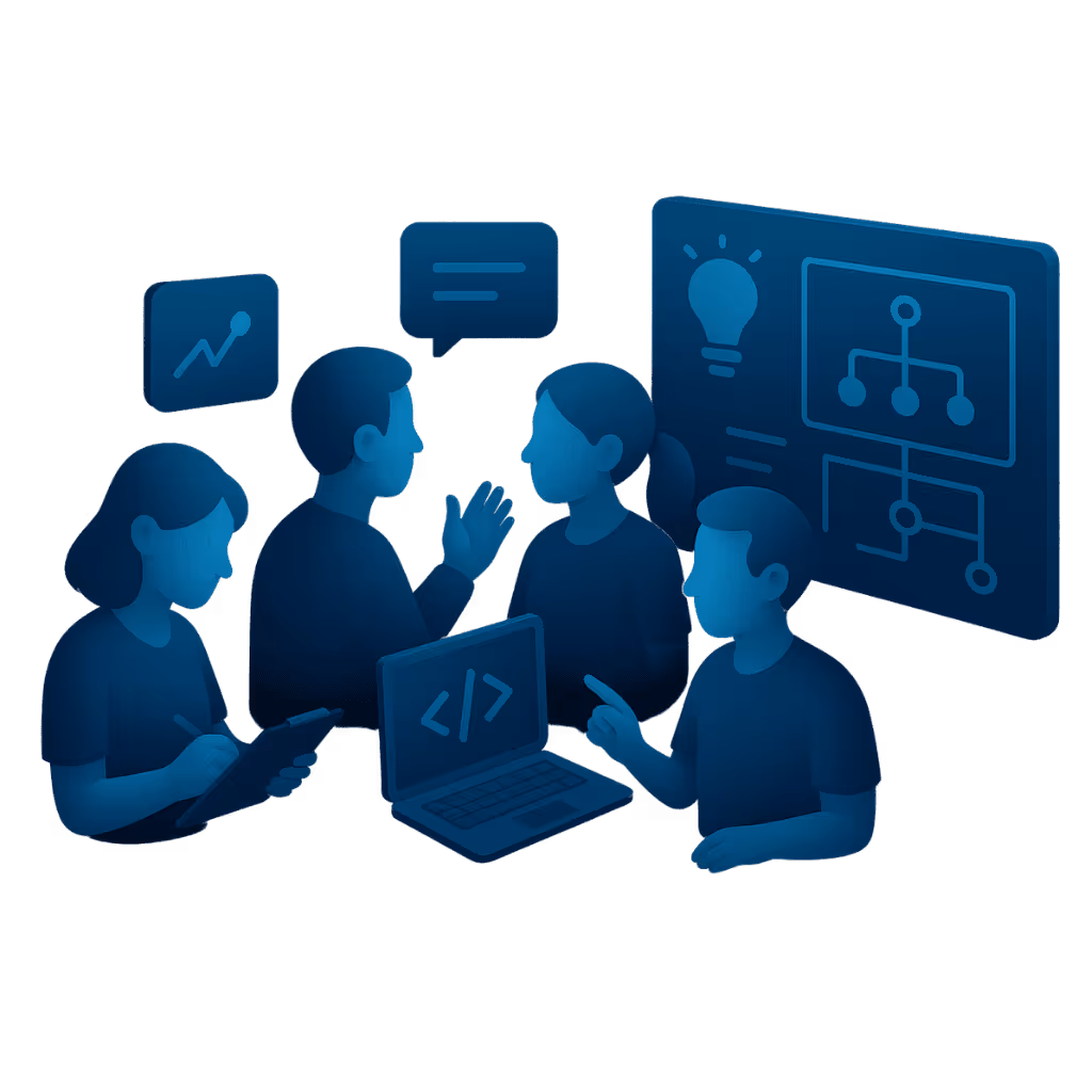 Illustration in leuchtendem Blau: Ein Team aus vier Personen arbeitet gemeinsam an einer digitalen Lösung. Eine Frau schreibt auf einem Tablet, während ein Mann auf ein Notebook mit Code-Symbol zeigt. Im Hintergrund sind eine Sprechblase, ein Chart und ein großes Dashboard mit Glühbirne und Prozessdiagramm zu sehen sinnbildlich für Ideenfindung, Softwareentwicklung und agile Zusammenarbeit.