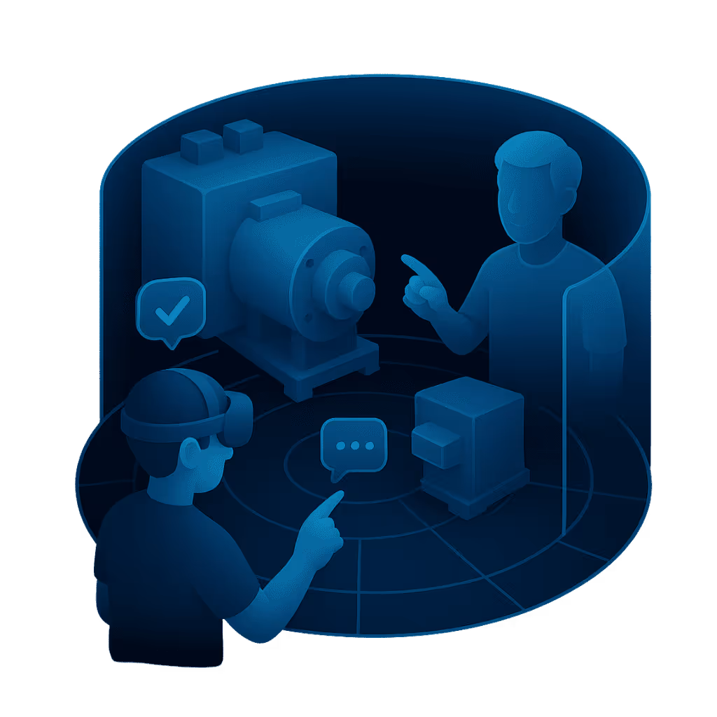 Isometrische Illustration in Neonblau: Eine Person mit VR-Headset interagiert mit einer virtuellen Maschine, während eine weitere Person holographisch im Raum erscheint und auf die Szene zeigt. Sprechblasen mit Check- und Chat-Icons deuten auf Kommunikation hin. Die Illustration stellt Remote Assist und kollaborative VR-Trainingsumgebungen dar.