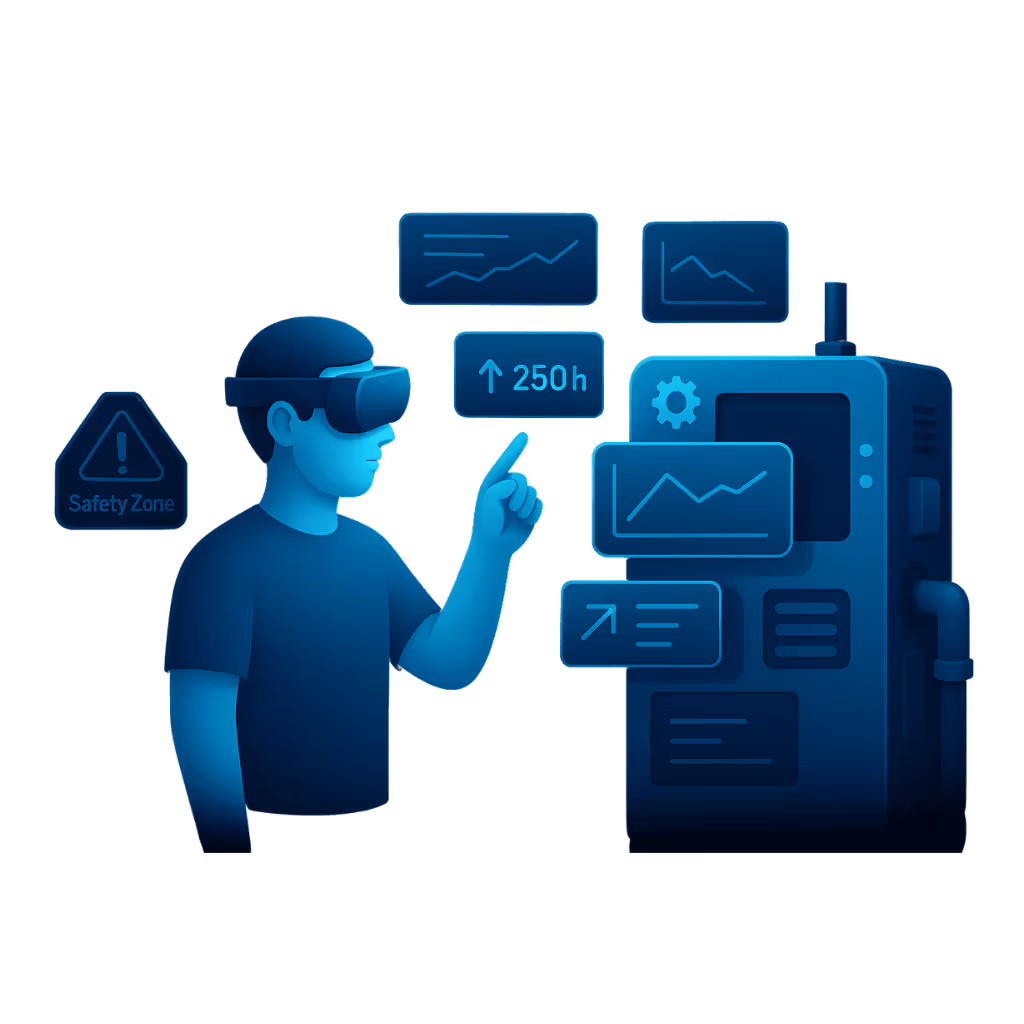 Neonblaue isometrische Illustration: Eine Person mit VR-Headset steht vor einer Maschine und interagiert mit holographischen Dashboards, die Laufzeiten, Diagramme und Performance-Werte anzeigen. Im Hintergrund ein Warnschild „Safety Zone“. Die Szene illustriert AR-gestützte Wartung, Echtzeit-Datenvisualisierung und Predictive Maintenance.