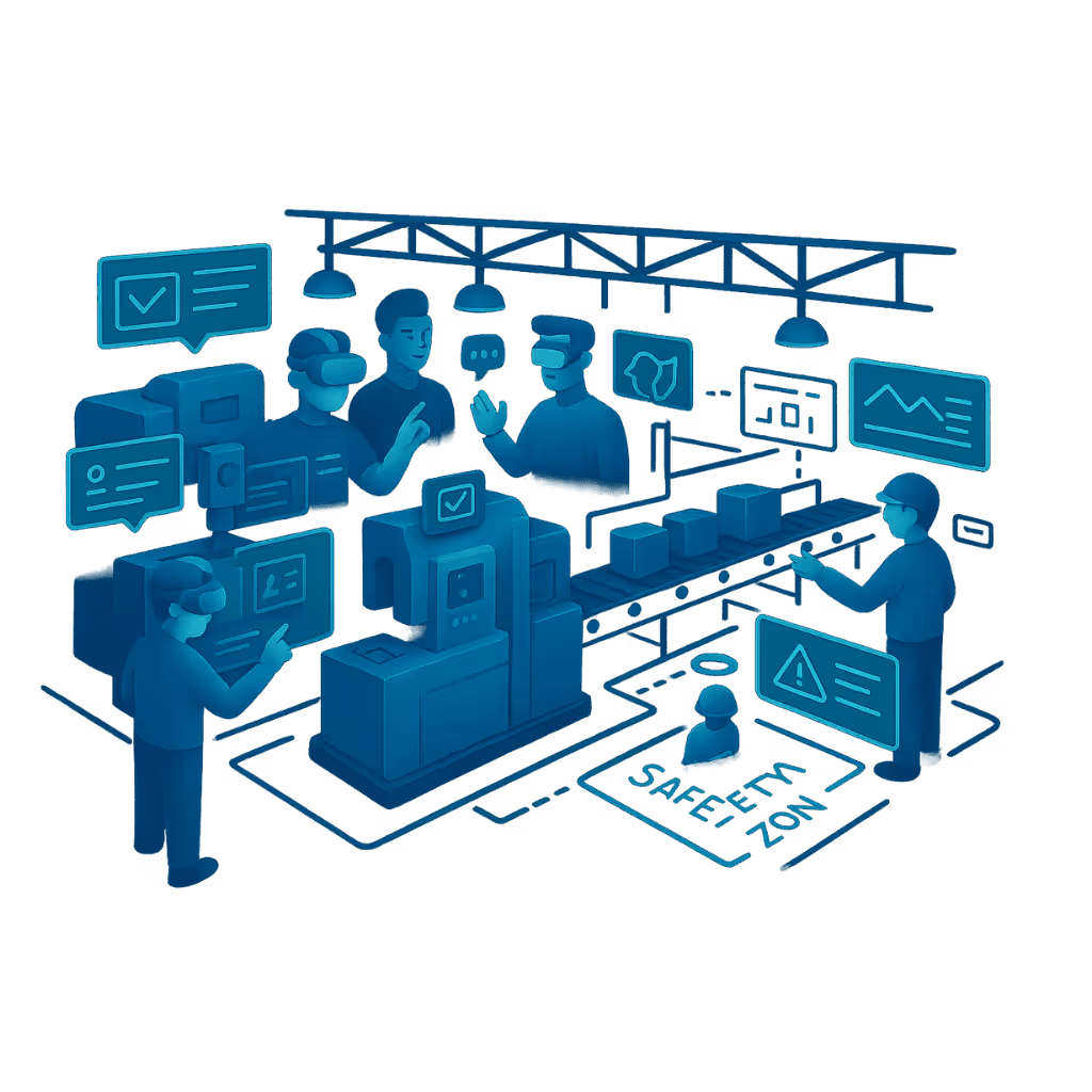 Isometrische Illustration in leuchtendem Blau: Mehrere Personen tragen VR-Headsets und interagieren mit einer intelligenten Produktionslinie. Holographische Dashboards zeigen Diagramme, Checklisten und Warnhinweise, während eine „Safety Zone“ auf dem Boden markiert ist. Die Szene visualisiert digitale Zwillinge, AR-gestützte Fertigung und kollaborative Überwachung in einer Smart Factory.