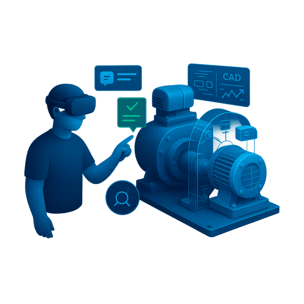 Isometrische Illustration in Neonblau: Eine abstrahierte Person mit VR-Headset interagiert mit einem digitalen Zwilling einer Industriemaschine. Um die Maschine schweben holographische Fenster mit CAD-Daten, Checkmarks und Nachrichten. Die Szene visualisiert den Einsatz von AR/VR und digitalen Zwillingen für Wartung, Schulung und Echtzeit-Visualisierung.
