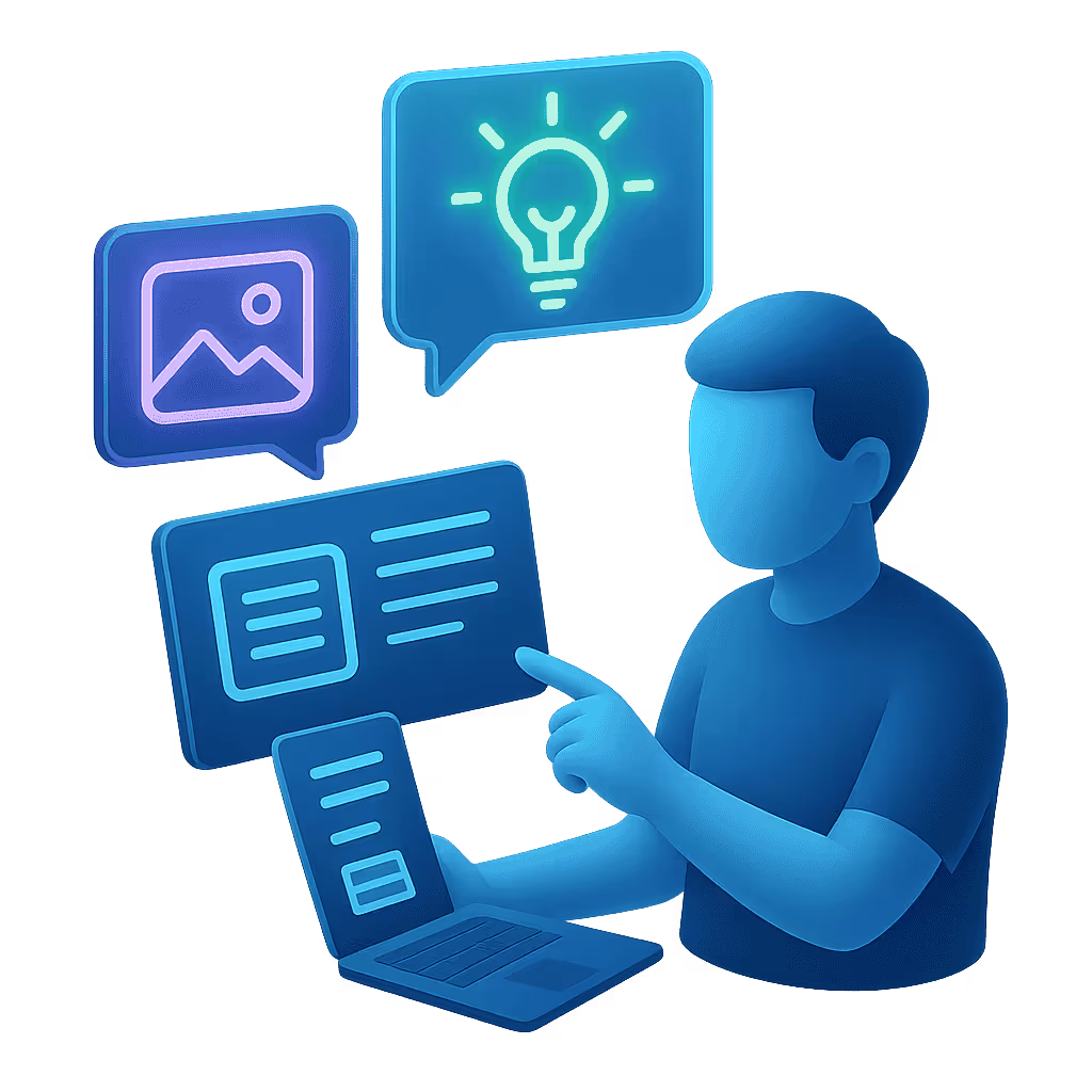 Illustration in Neonblau und Türkis: Eine Person sitzt mit einem Laptop und zeigt auf digitale Content-Elemente, die aus dem Bildschirm hervortreten darunter ein Bild-Icon, ein Textblock und ein Glühbirnen-Symbol für Ideen. Visualisierung für kreative digitale Arbeit, Content-Erstellung und innovative Lösungsentwicklung.