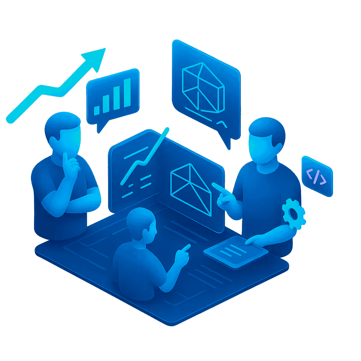 Drei abstrahierte Personen diskutieren an einem digitalen Tisch mit schwebenden Diagrammen und Symbolen, die IT-Strategie und Wachstum darstellen.