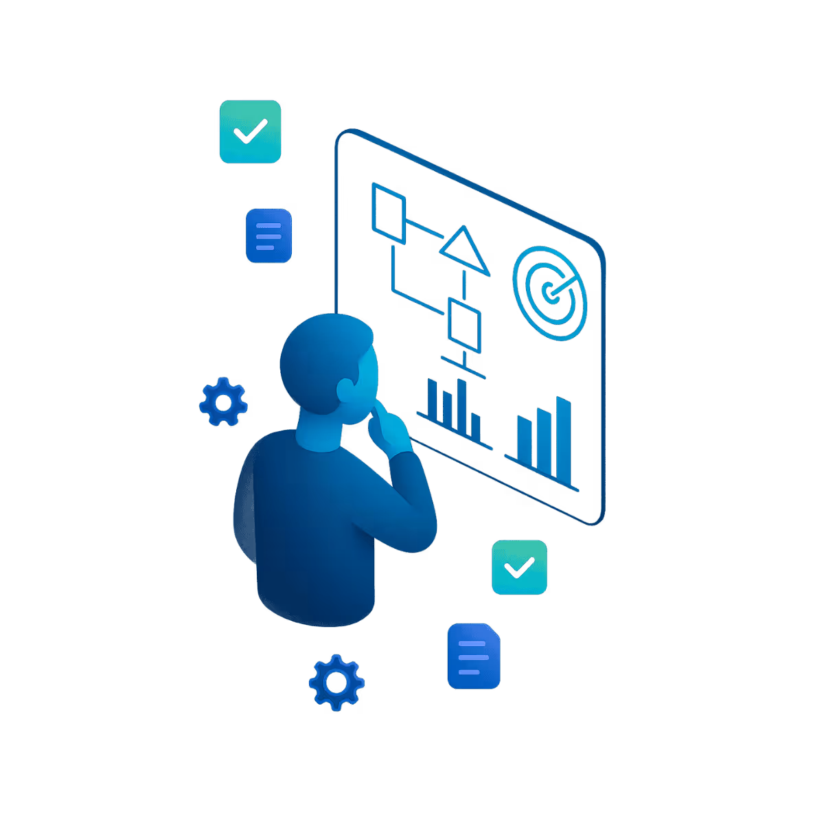 Abstrahierte Person analysiert ein digitales Dashboard mit Diagrammen, Flussdiagramm und Zielsymbol, um Entscheidungen zu treffen.