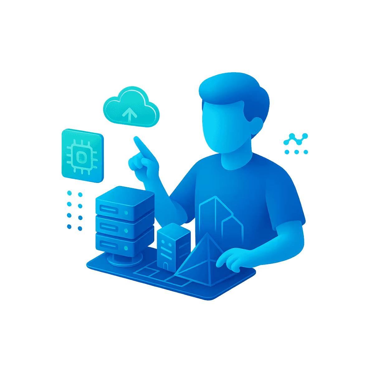 Abstrahierte Person interagiert mit Servern, Cloud-Icon und Chipsymbol – Darstellung moderner IT-Architektur.