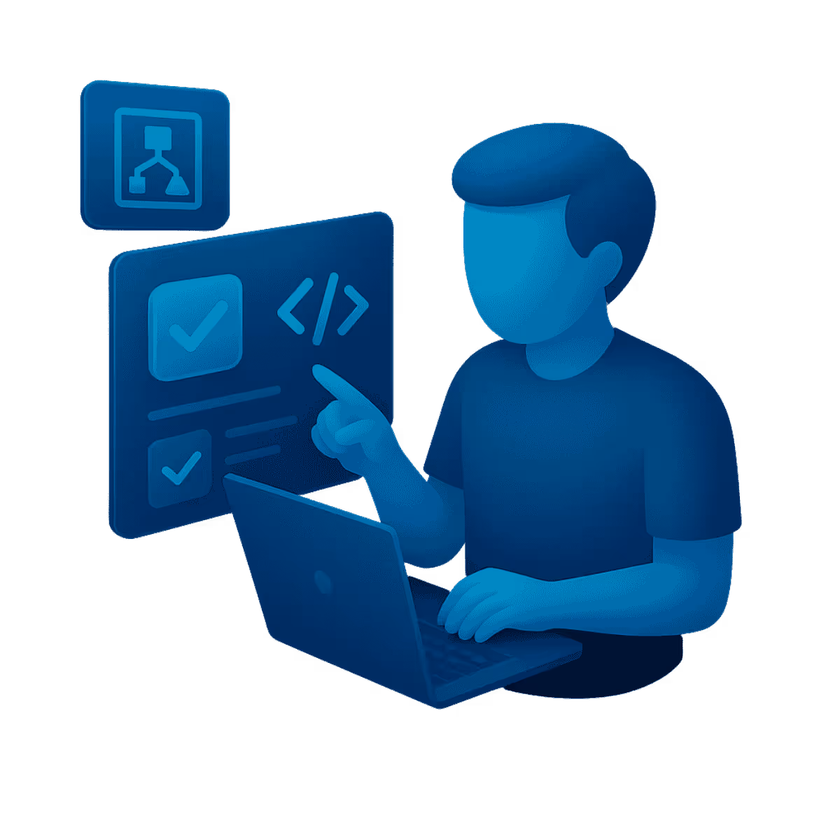 3D-isometrische Illustration eines stilisierten Menschen, der an einem realistischen Laptop arbeitet, umgeben von digitalen Diagrammen und Grafiken