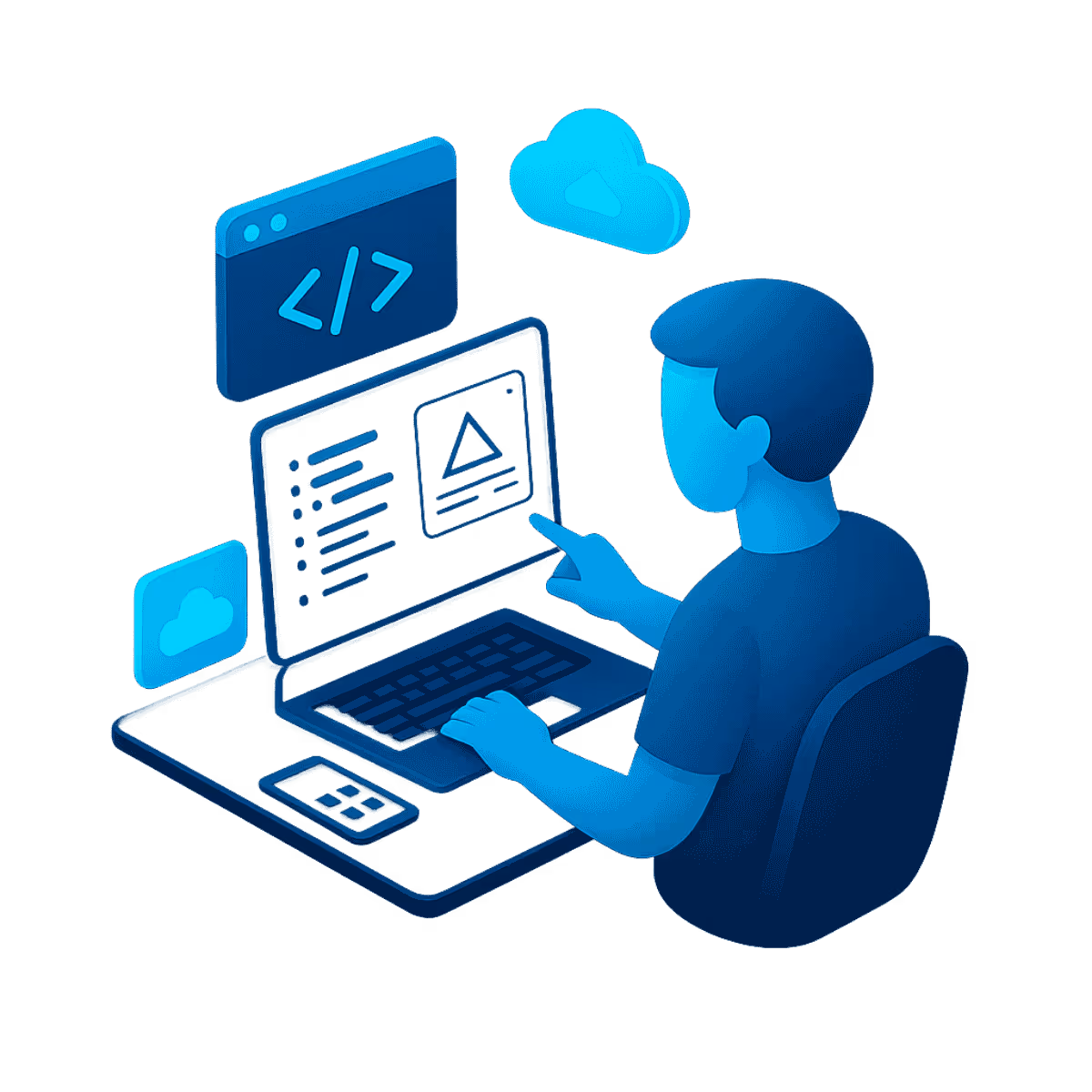 Abstrakte 3D-Illustration: Person arbeitet an Computer mit Software-Architektur und Cloud-Symbolen, zeigt individuelle Softwareentwicklung.