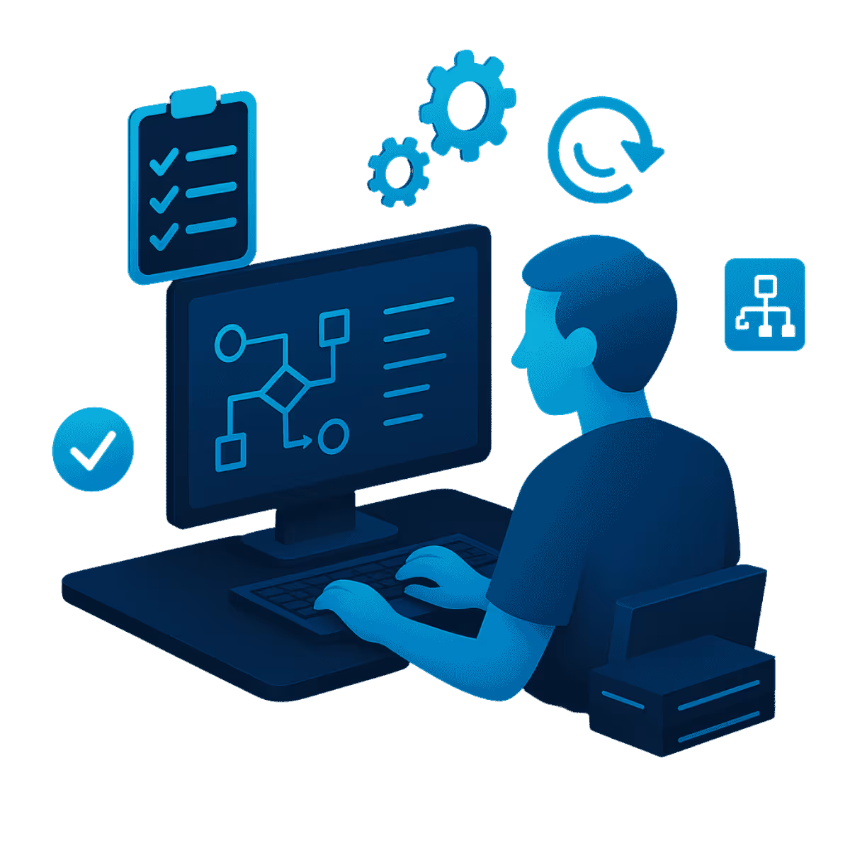 Isometrische Illustration zeigt Person mit Tablet, die digitale Prozesse und Workflow-Diagramme betrachtet, umgeben von Symbolen für Automatisierung und Effizienz.