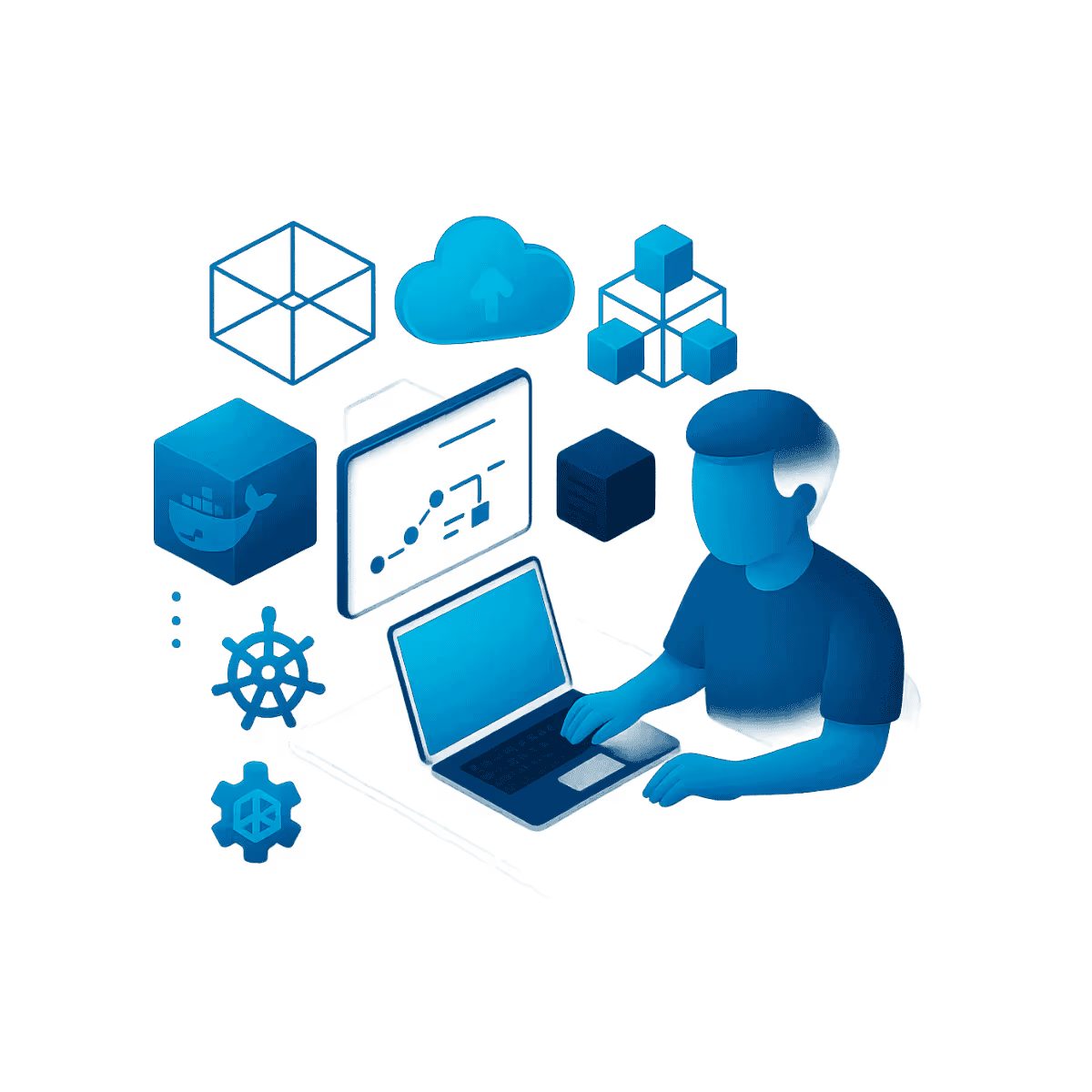 3D-isometrische Illustration zeigt modulare Softwarearchitektur mit Microservices, Containern und Kubernetes-Icons, abstrahierte Figur überwacht dynamische IT-Infrastruktur.