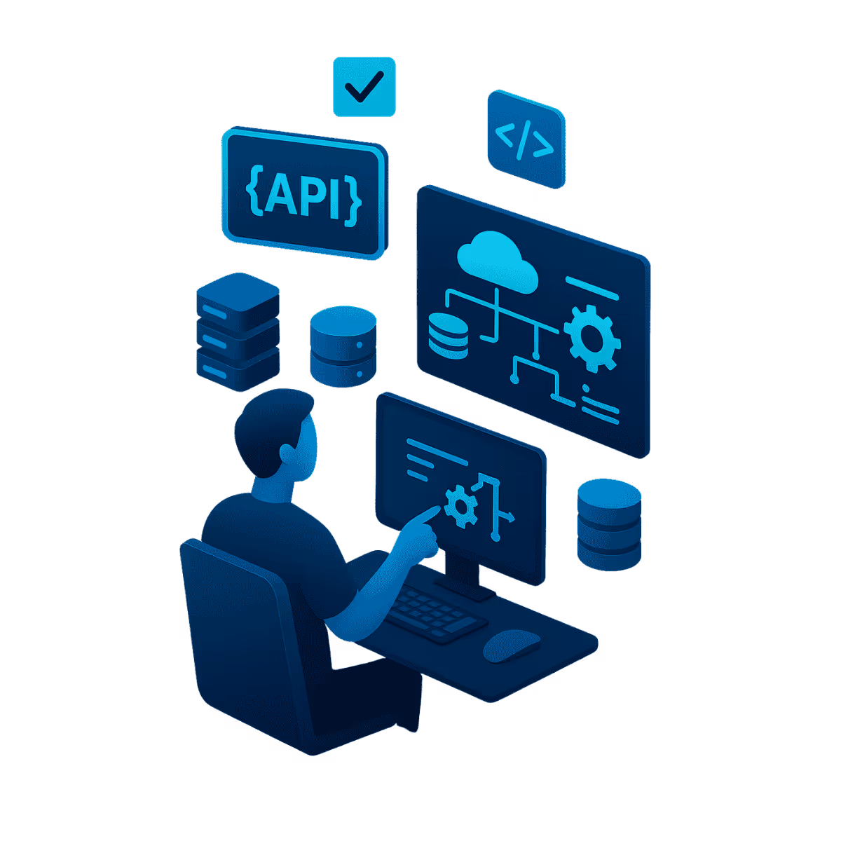 Illustration eines Entwicklers vor mehreren verbundenen Systemen und API-Symbolen, die die Integration von ERP-, CRM- und Datenbanklösungen visualisieren.