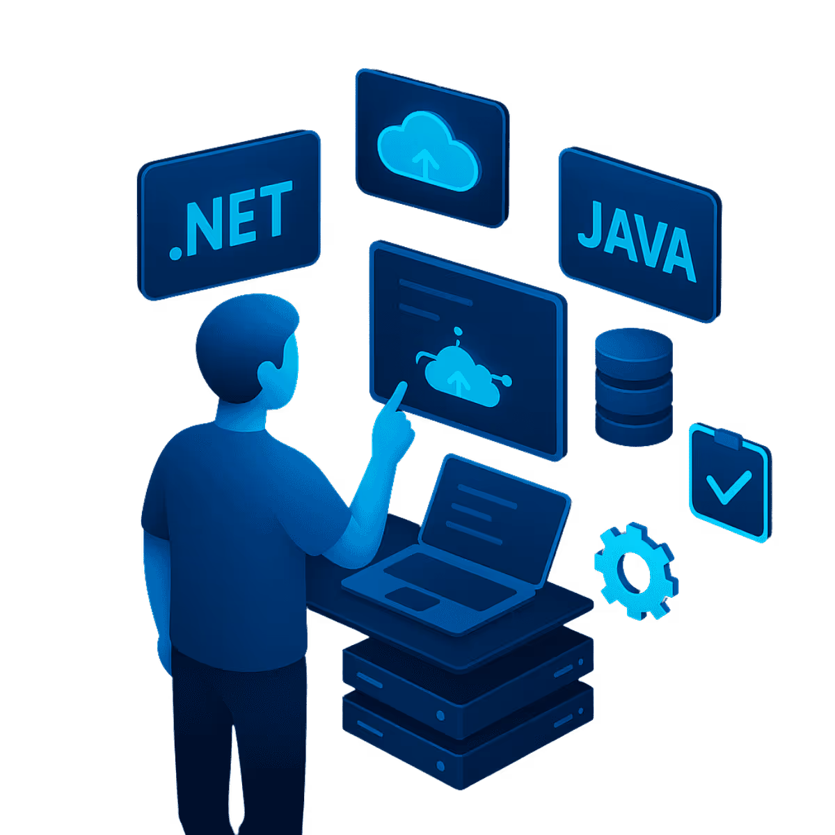 Isometrische Illustration zeigt Entwickler mit Laptop, der Altsysteme analysiert und moderne Cloud-Architekturen plant; Symbole für Migration und Modernisierung visualisieren den Übergang von Legacy-Systemen zu neuen Anwendungen.
