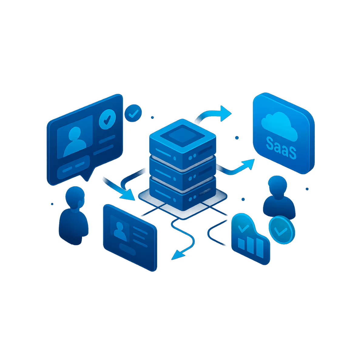 Isometrische Illustration von drei digitalen Plattformen, die miteinander verbunden sind, als Symbol für unterschiedliche Projekttypen wie Portale, Backends und SaaS-Lösungen.