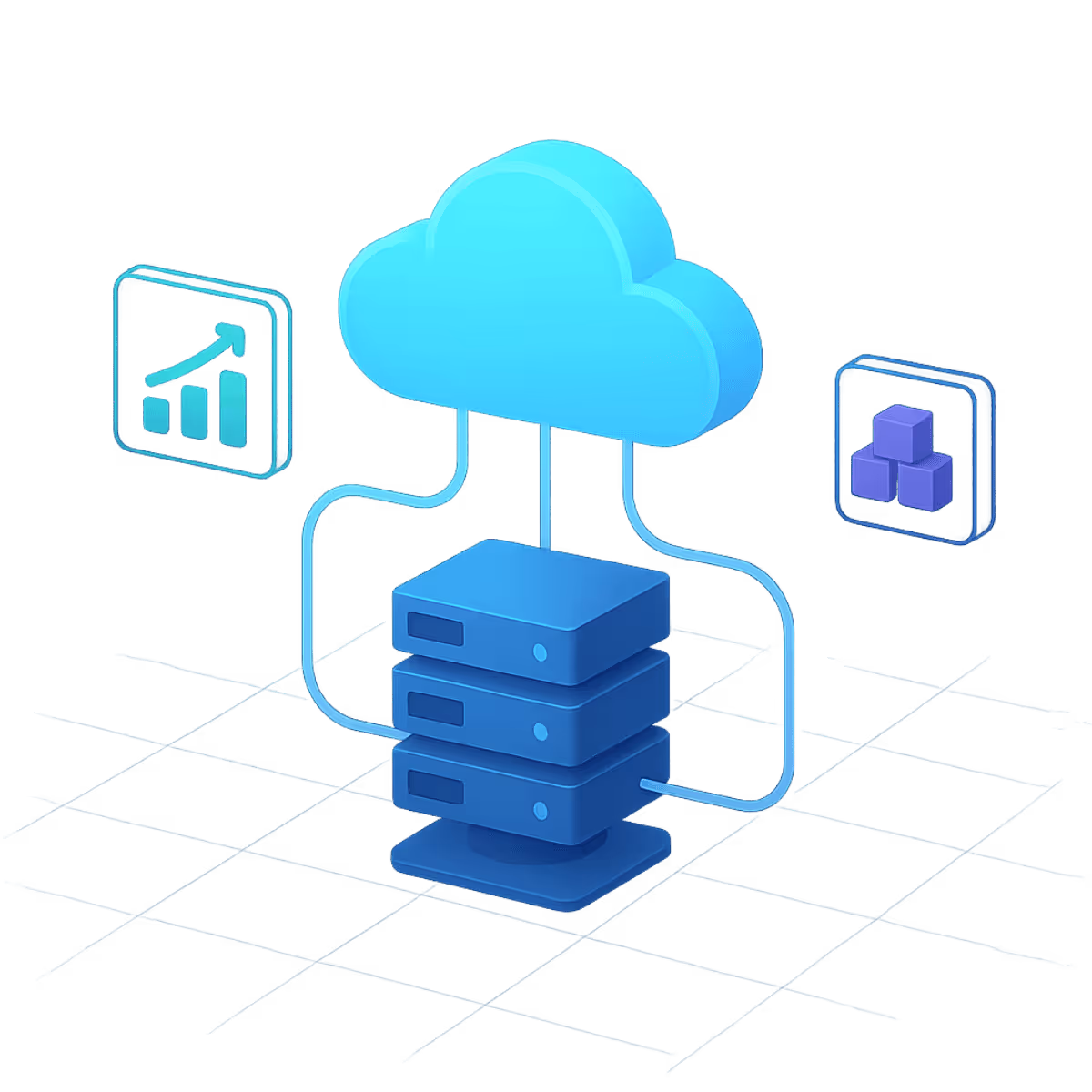 3D-isometrische Illustration einer Person mit Tablet und schwebenden Cloud-Icons, symbolisiert einfache und effiziente Cloud-Services.