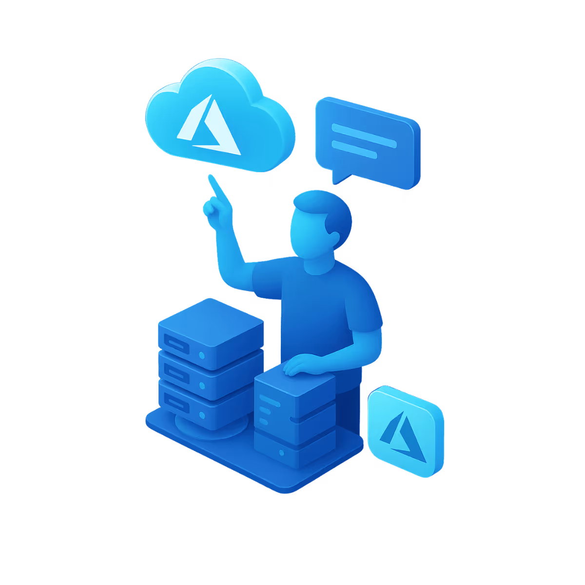  Isometrische 3D-Illustration einer Person, die auf ein großes Azure-Cloud-Symbol zeigt, daneben Server-Stacks und Sprechblasen, in blauen und cyanfarbenen Tönen, futuristisch und technisch.