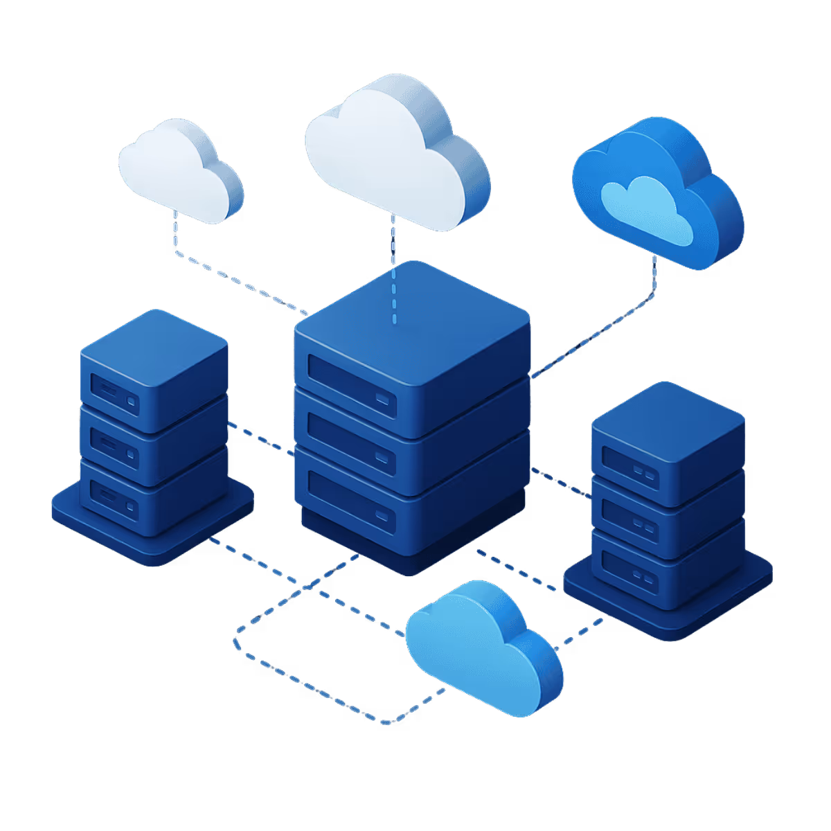 3D-isometrische Illustration einer Hybrid-Cloud-Architektur: stilisierte Server, Cloud-Symbole und Netzwerkverbindungen zeigen, wie lokale IT-Systeme sicher mit mehreren Cloud-Plattformen verbunden werden.