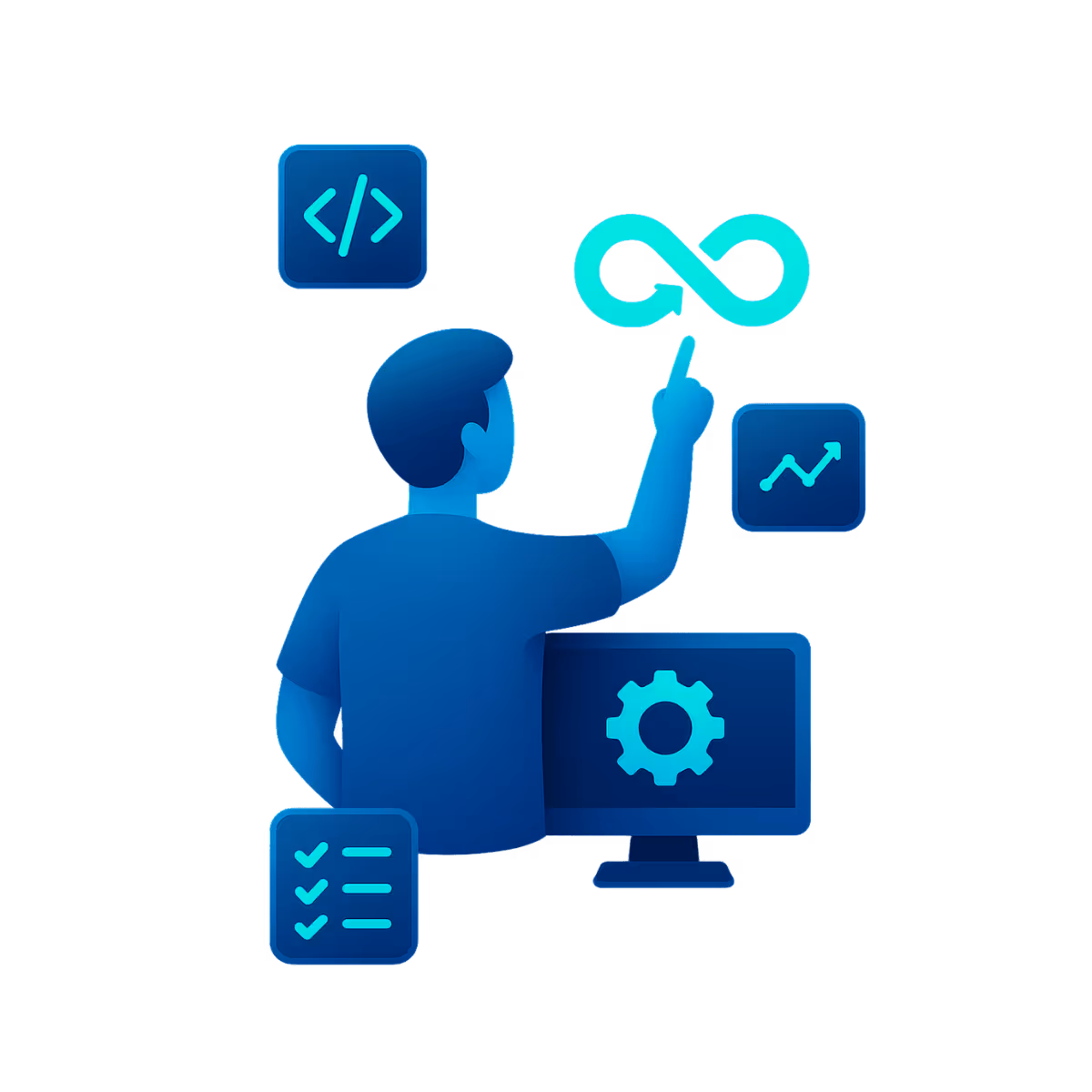 Isometrische Illustration eines DevOps-Engineers an einem Schreibtisch mit Laptop, Servern, Code- und Monitoring-Icons – symbolisiert Continuous Deployment, Infrastructure as Code und automatisierte Tests.