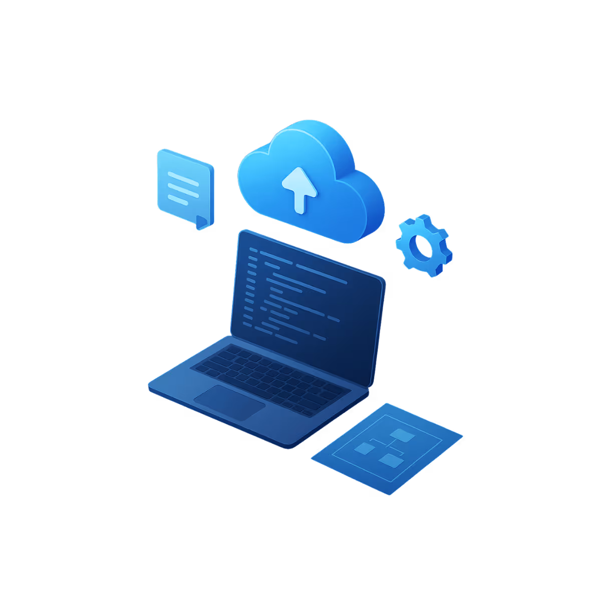 Isometrische Illustration einer Person, die über Laptop und Code-Infrastruktur sitzt, umgeben von Cloud-Icons und Tools – Symbol für Infrastructure as Code (IaC) und automatisierte Bereitstellung.